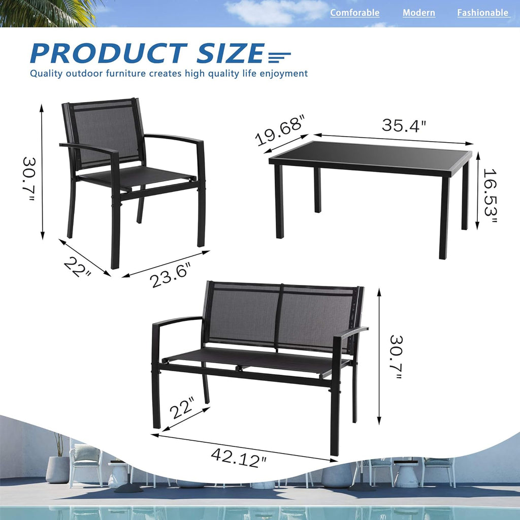 Vongrasig 4 Pieces Patio Furniture Sets, Outdoor Patio Conversation Sets with Glass Coffee Table for Garden, Backyard, Lawn, Poolside (Dark Grey)