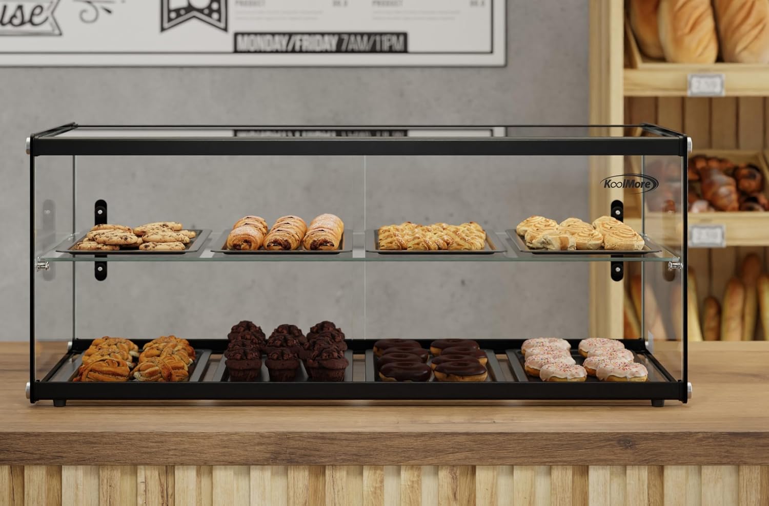 KoolMore 36 in. 2 Tiered Pastry Display Case with Glass Shelf and Sliding Door, 4.2 cu. ft. Capacity, ETL Listed (KM-DC-4CSBK)