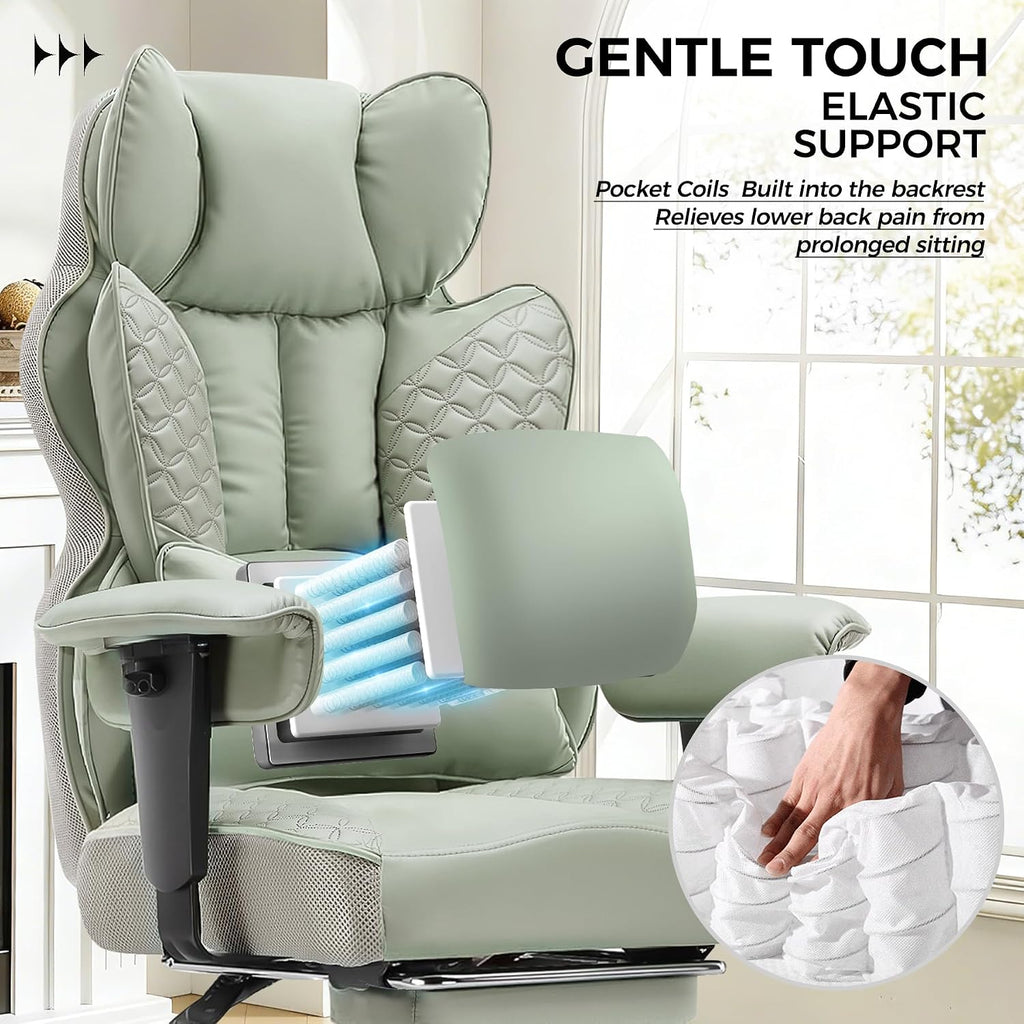 COMHOMA Big and Tall Office Chair Wide Ergonomic Gaming Chair with Deluxe Embossing Designed Leather with Foot Rest,150°Reclining Adjustable Armrests Pocket Spring Back Support and Pillow