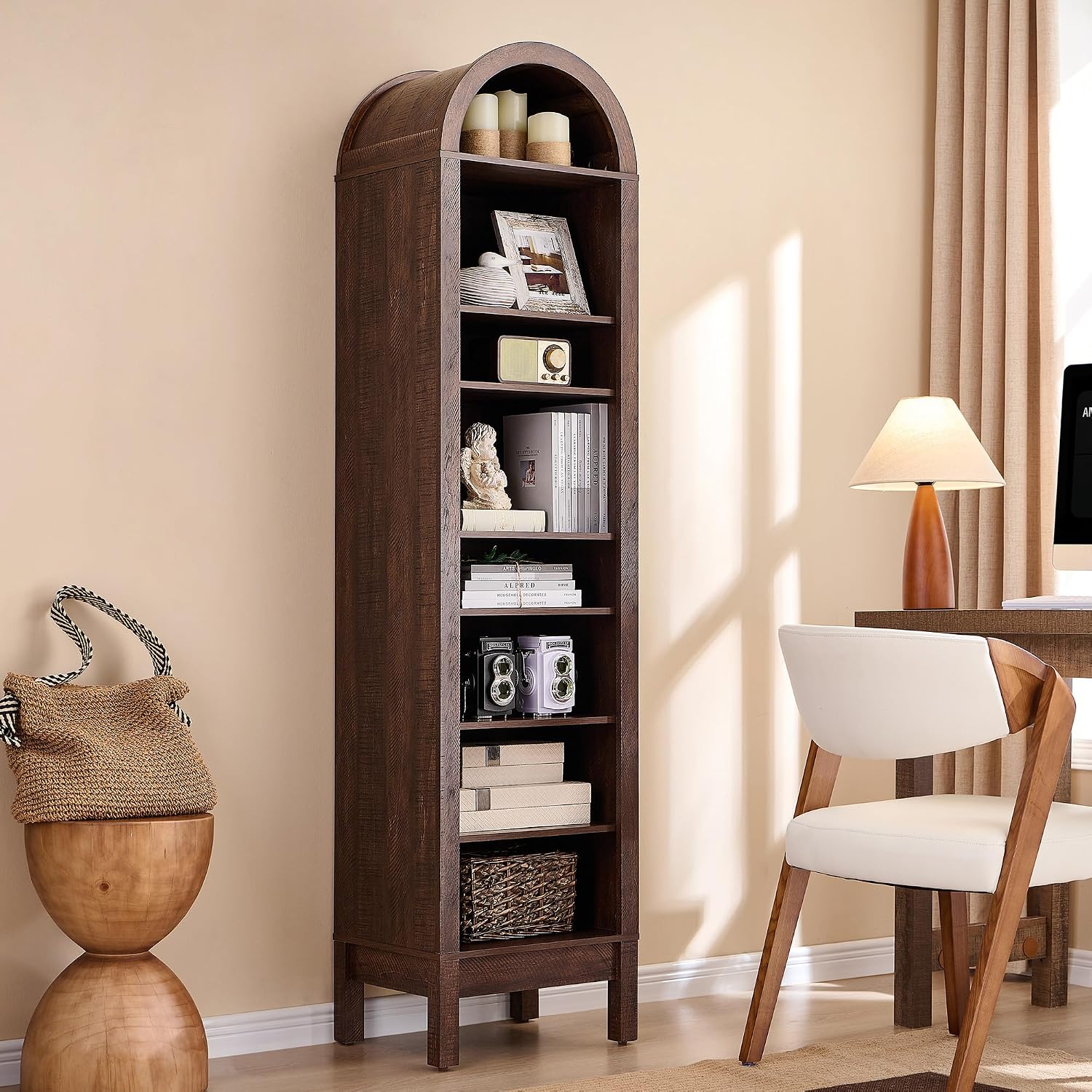 IFGET 71' Tall Arched Bookshelf, 8 Tiers Arch Bookcase with Storage, Modern Farmhouse Book Shelf with Adjustable Shelves, Wood Bookshelf w/Open Display Shelves for Living Room, Office (Brown)