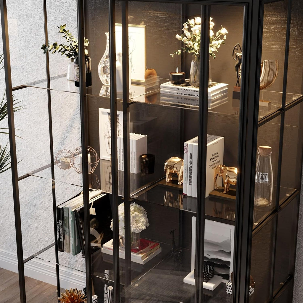Large Display Cabinet with Glass Shelving & Sliding Doors, Trophy Case Glass Cabinet with Spotlights Black 48.1'W x 23.6'D x 74.8'H