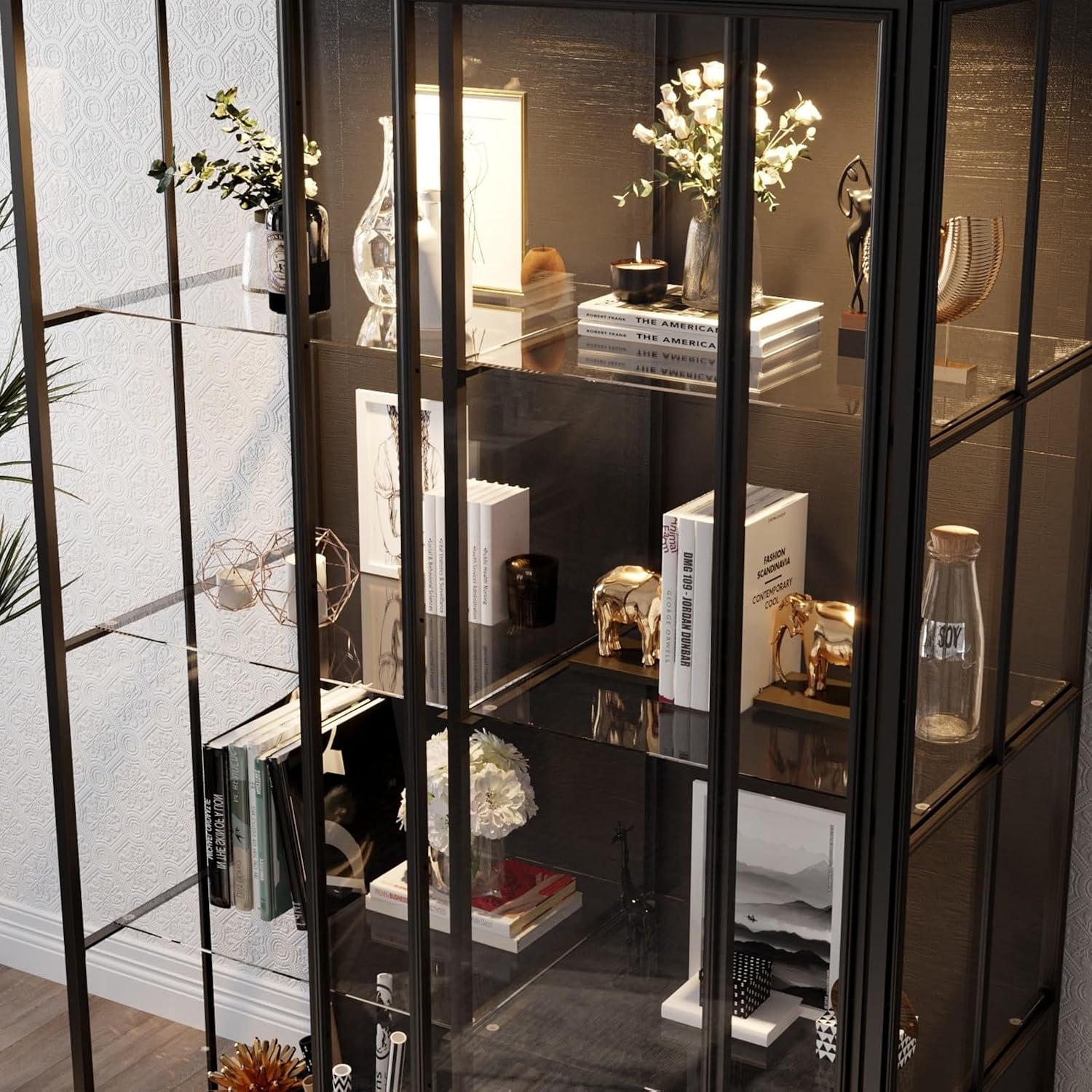 Large Display Cabinet with Glass Shelving & Sliding Doors, Trophy Case Glass Cabinet with Spotlights Black 48.1'W x 23.6'D x 74.8'H