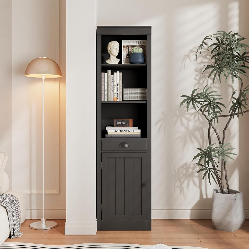 GarveeHome 71 inch Tall Bookcase with Drawers & Doors, 3-Tier Open Bookshelf with Adjustable Shelves, Narrow Storage Cabinet for Living Room, Office, Bedroom, Bathroom，White (Black)