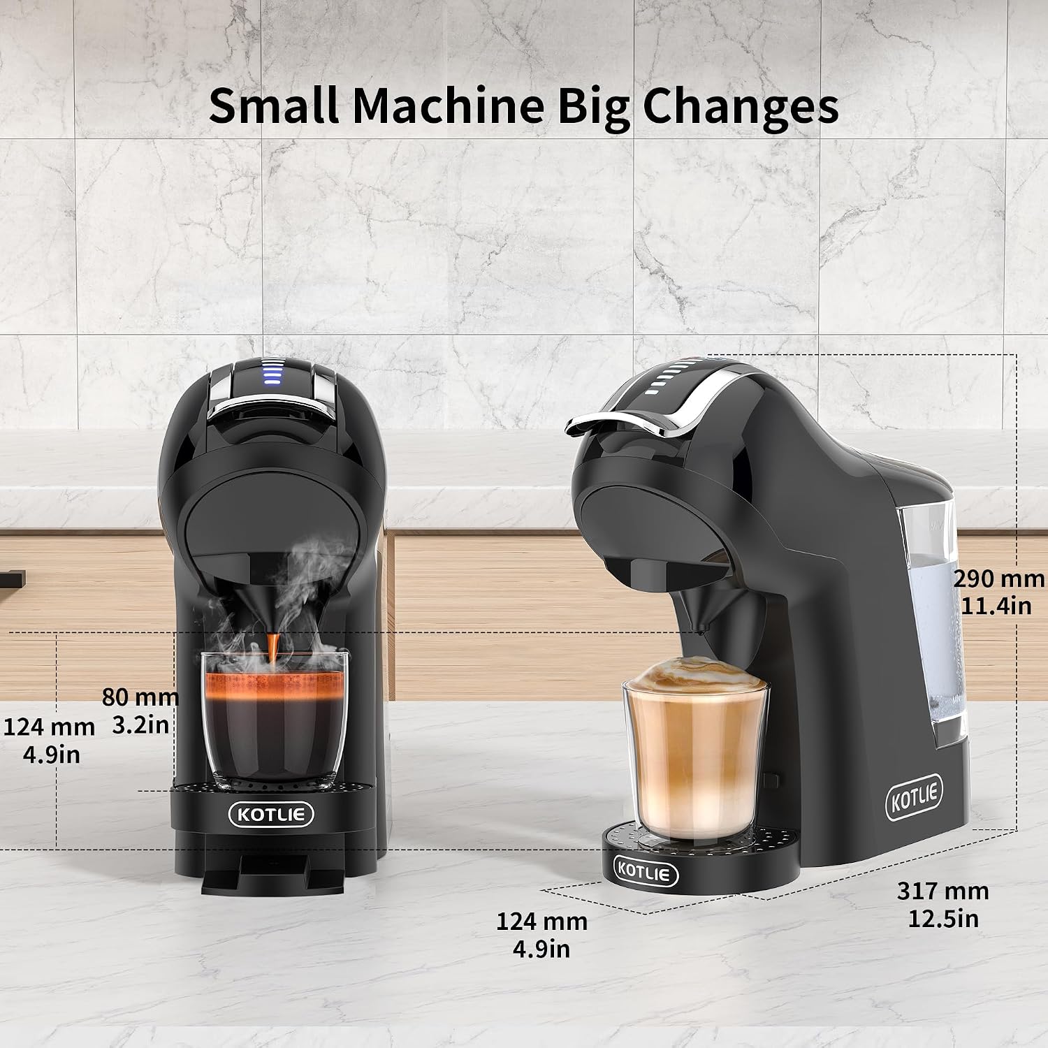 KOTLIE Single Cup Coffee Maker, Multi Capsule Machine Compatible With Various Capsule Types, 4 Temperature Settings, 7 Water Volume Levels,19 Bar(Glossy Black)