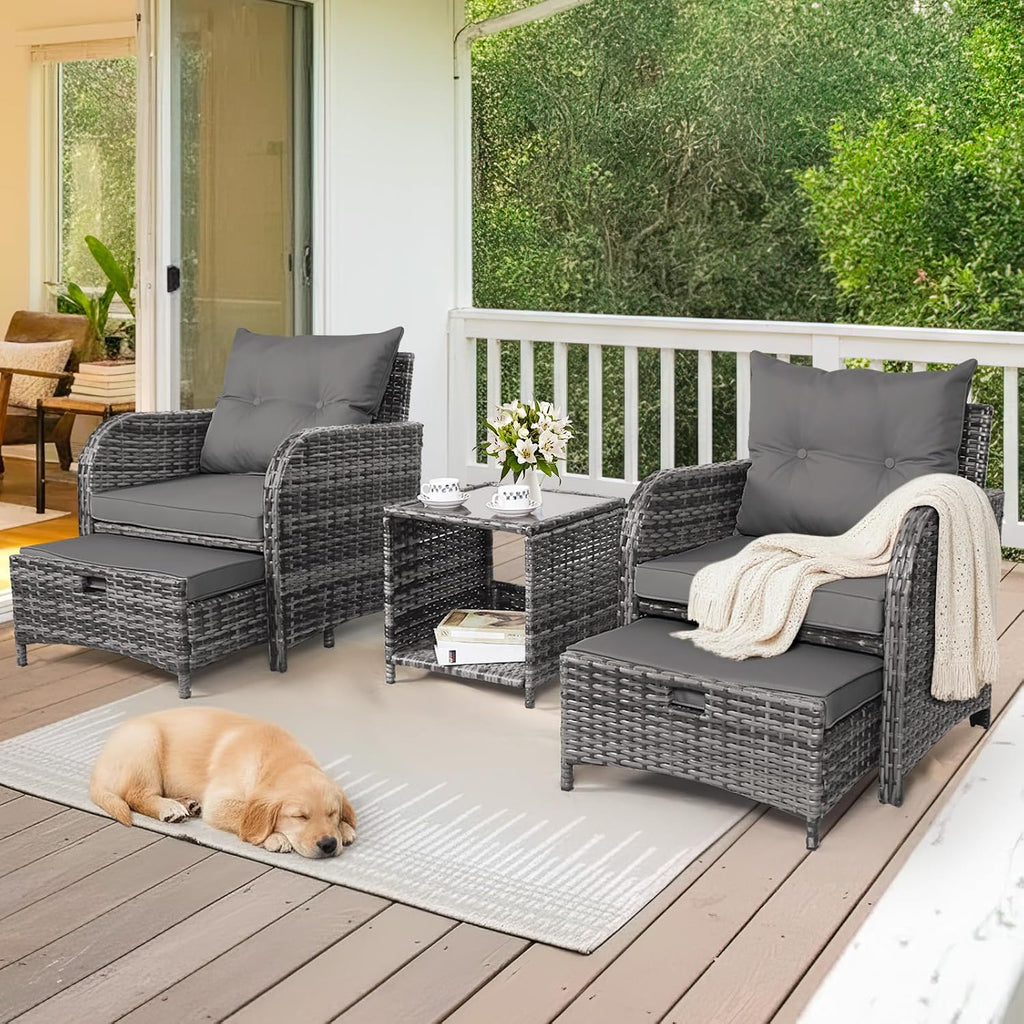 5 Pieces Wicker Outdoor Patio Chairs with Ottomans, All Weather PE Rattan Outdoor Conversation Set Bistro Patio Furniture Set with Hidden Ottoman for Porch Backyard Balcony, Grey