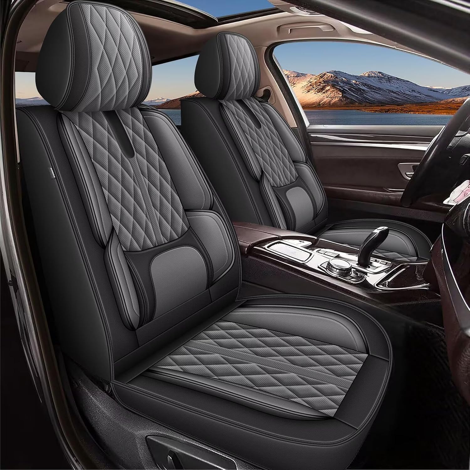 IKABEVEM Car Seat Covers Fit for Kia K5 2021-2024 2025 - Waterproof Leather Seat Covers - Compatible Airbag with Lumbar Support(2 Front Seat Covers, Black & Grey)