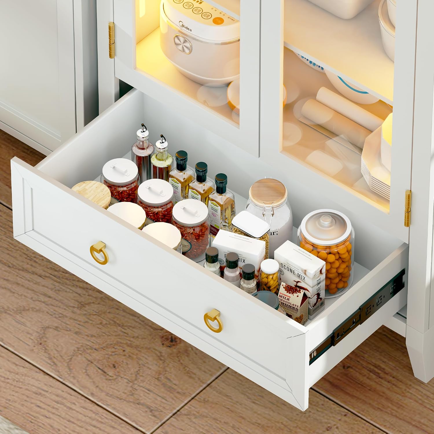 HNEBC Book Shelf with LED Lights, Arched Display Case with Storage Cabinet, Smart File Cabinet with Glass Door, Curio Cabinet with Solid Wood Legs for Home Office/Bedroom Furnniture-White