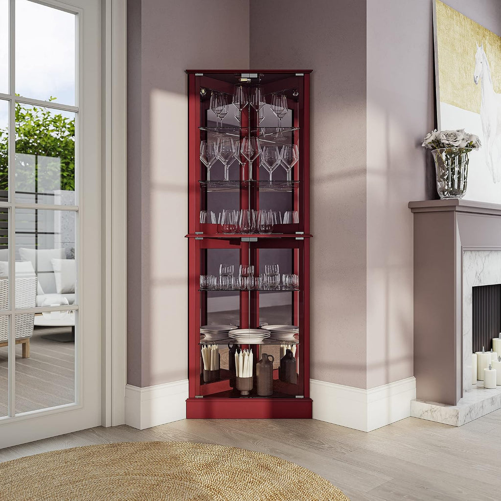 BELLEZE Lighted Corner Display Curio Cabinet Wooden Shelving Unit with Tempered Glass Door, Bar and Liquor Storage Area with 6 Shelves - Woody (Cherry)