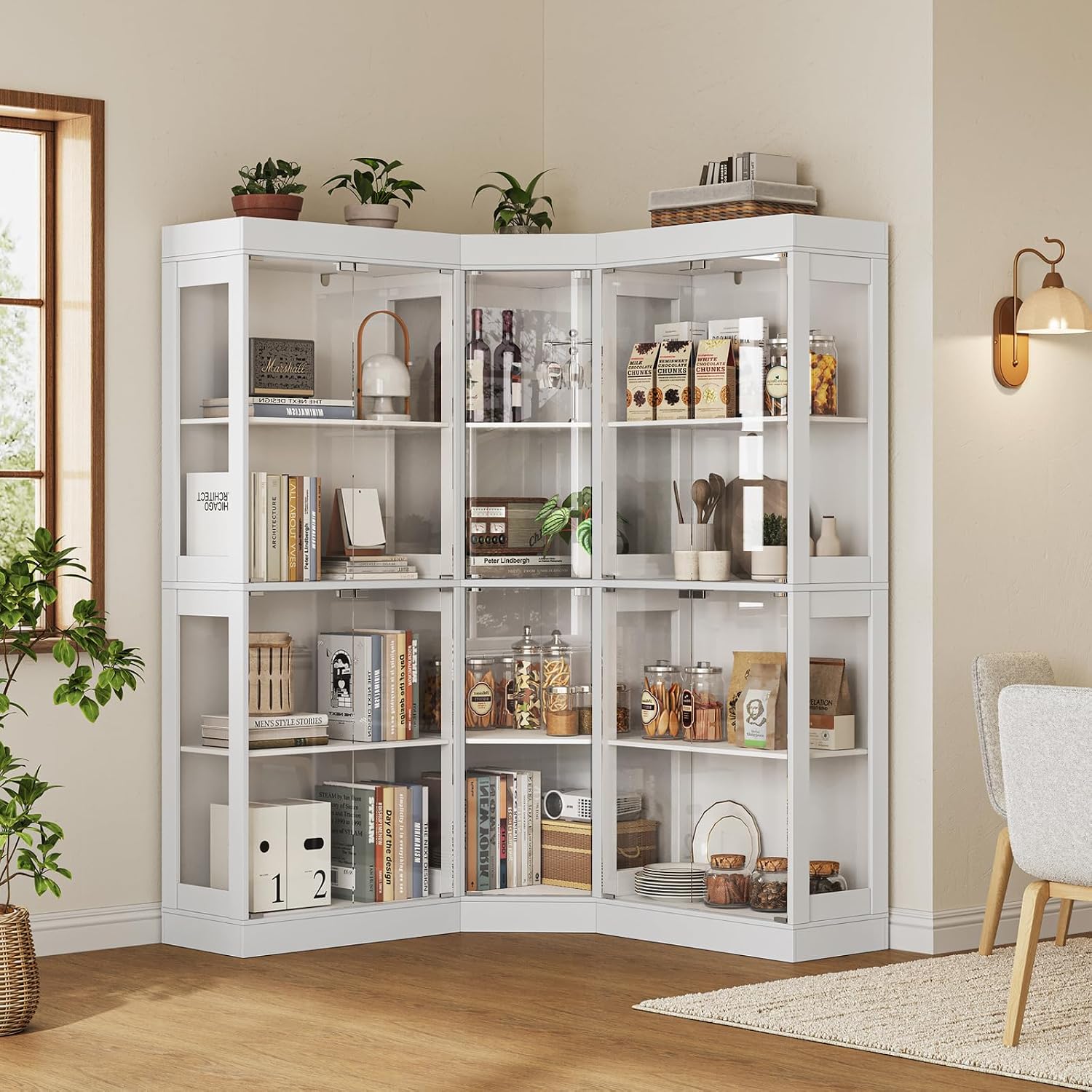 70.1' Large Corner Cabinet with Glass Doors,4 Tiers L-Shaped Storage Cabinet with 12 Shelves & Top Guard Rail，Corner Bookshelf for Living Room, Home Office, White