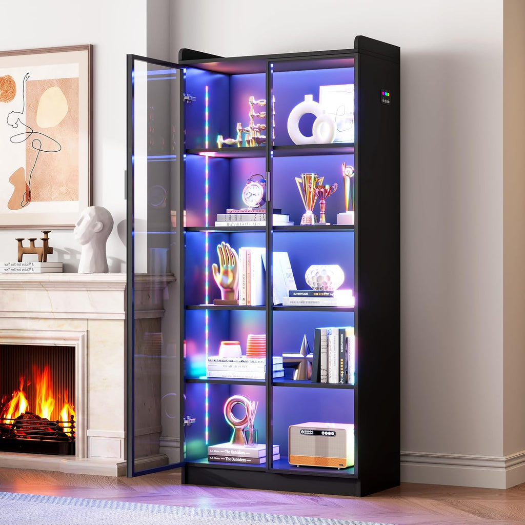 FREDEES Display Cabinet with Glass Doors, 5-Tier Curio Cabinet with Motion Sensor RGB Lights, 65' Tall Glass Display Case with Adjustable Shelves for Collectibles, Figures, Books, Black