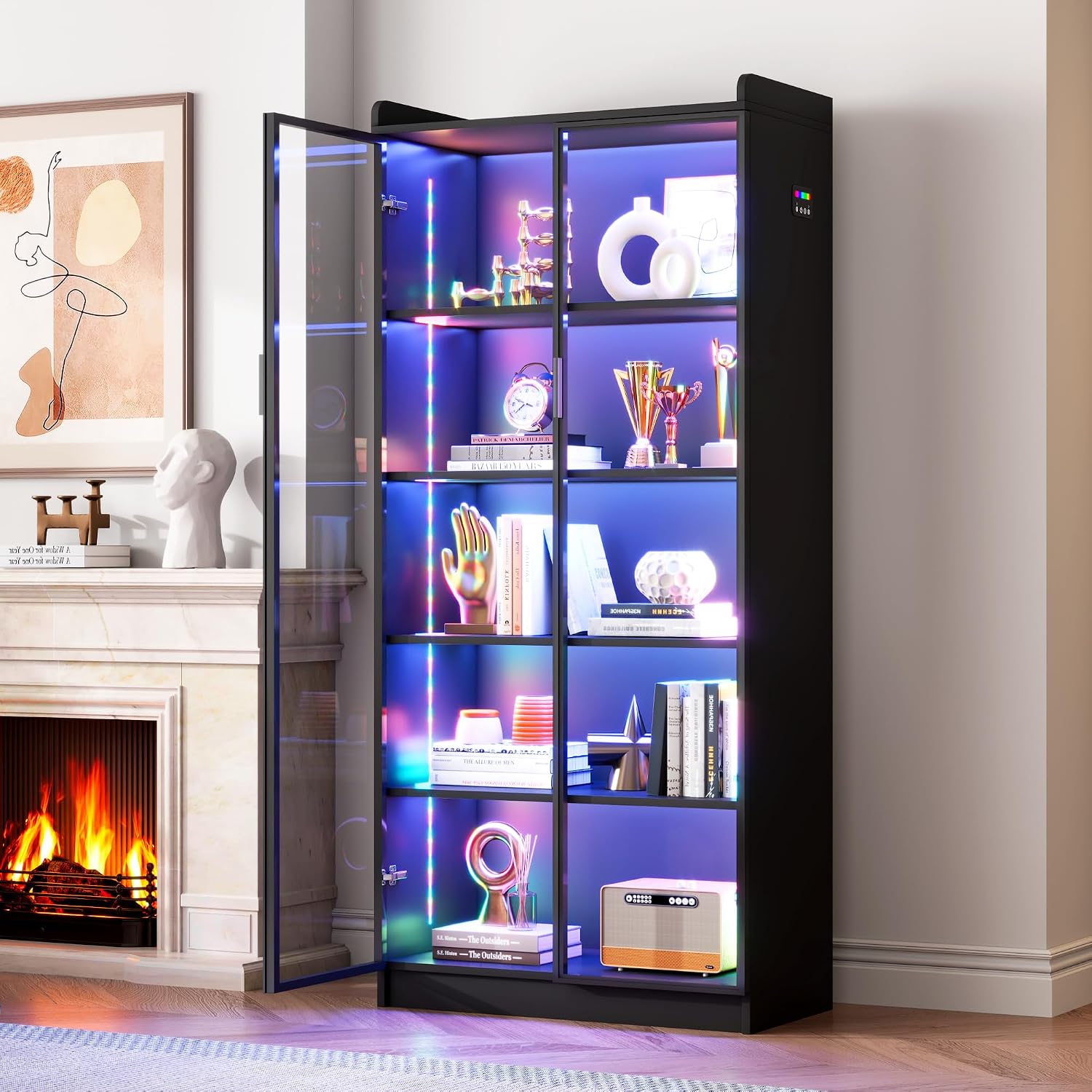 FREDEES Display Cabinet with Glass Doors, 5-Tier Curio Cabinet with Motion Sensor RGB Lights, 65' Tall Glass Display Case with Adjustable Shelves for Collectibles, Figures, Books, Black