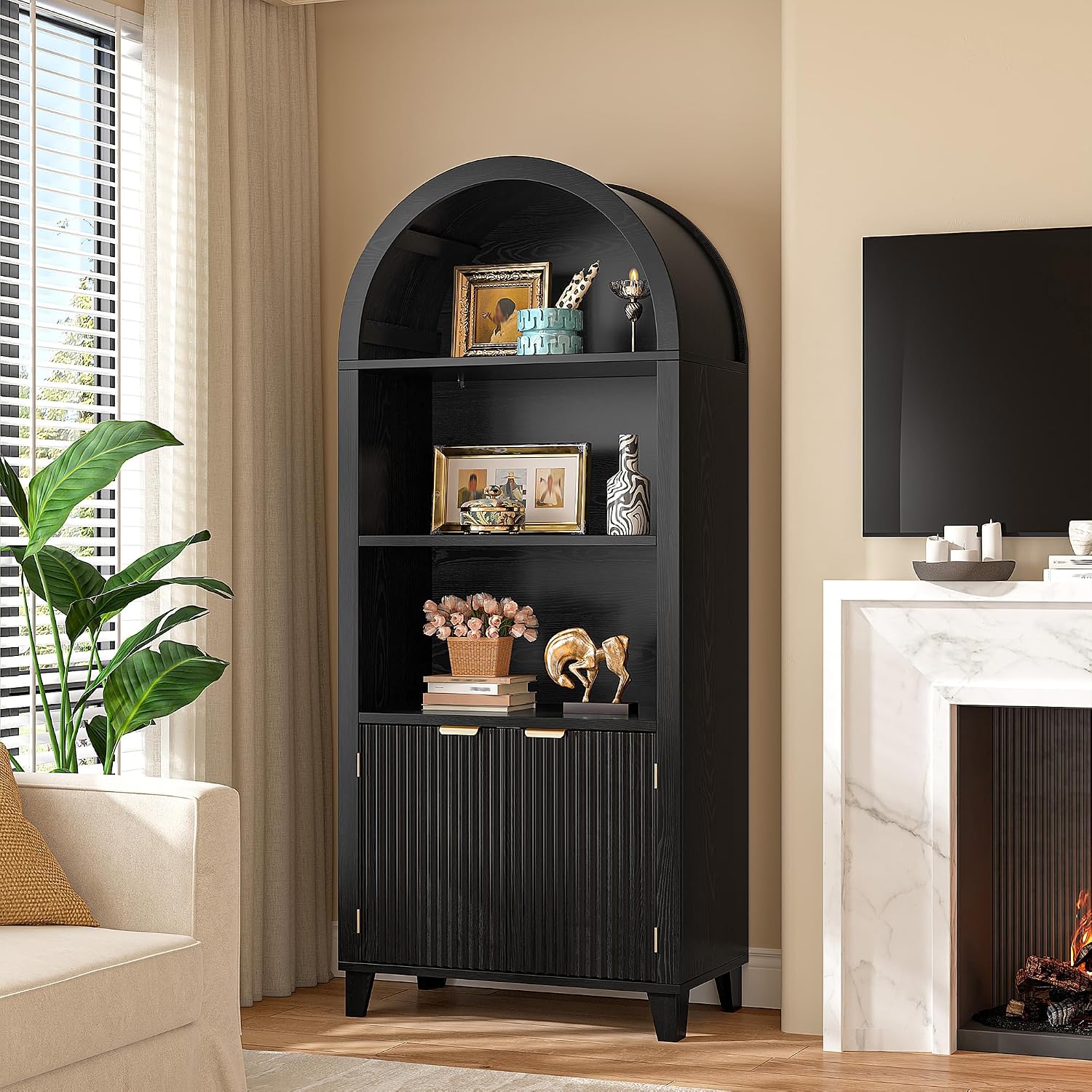 DurayLoly Book Shelf Arched Cabinet, 5-Tier Arched Bookcase with Doors and Adjustable Wood Shelves, Wooden Storage Cabinet with Open Display Shelf for Office,Living Room, Kitchen, Black