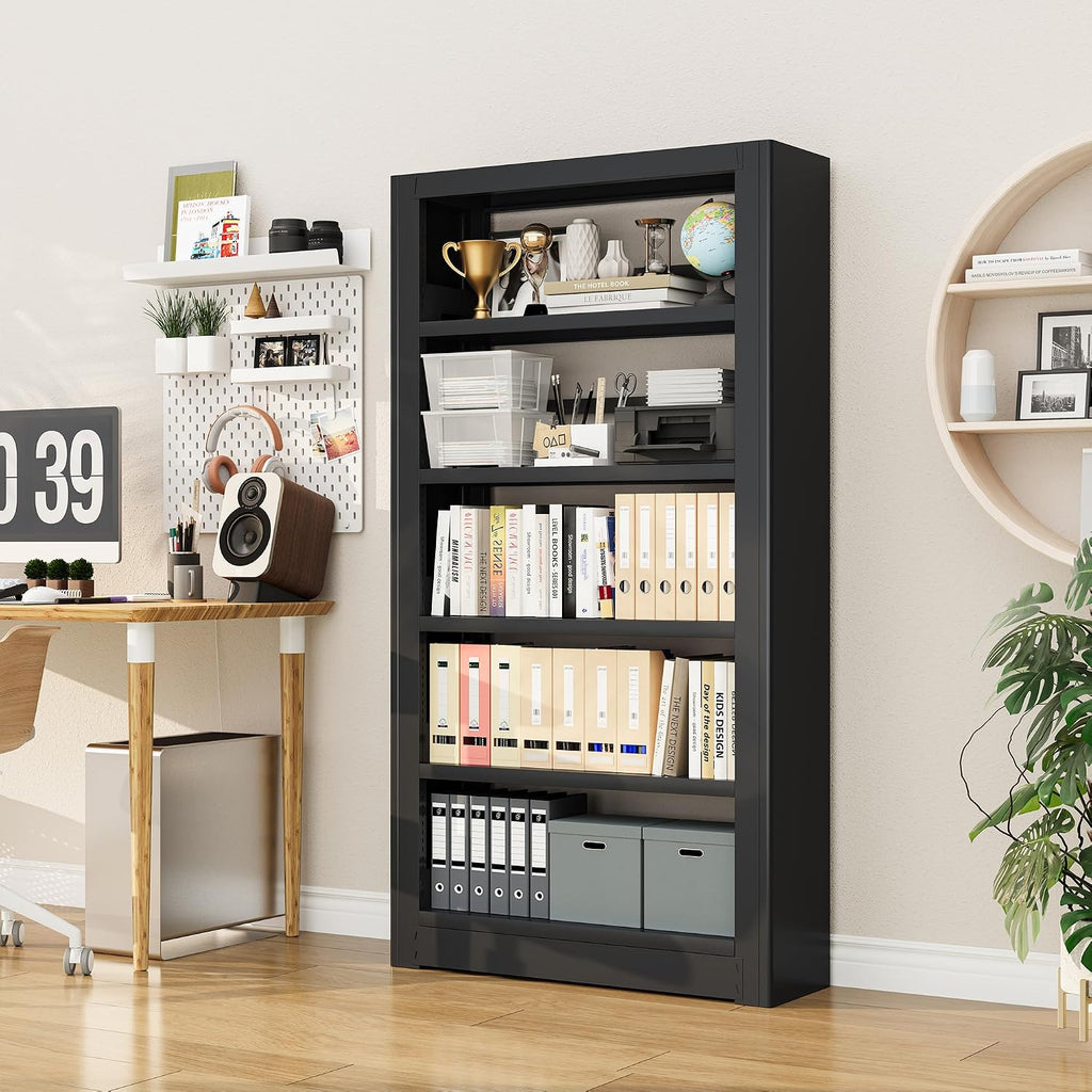 Large Metal Bookcase, 69' Modular Bookshelf with Storage, 5 Tier Bookcase with Adjustable Shelves, Extra Tall Book Shelves, Modern Book Case for Library, Office, Entryway, Living Room（Black）