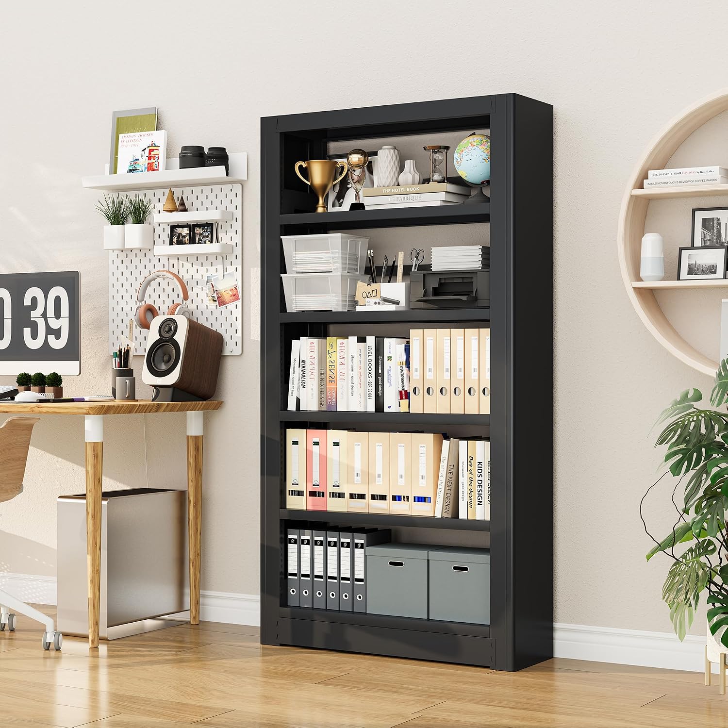 Large Metal Bookcase, 69' Modular Bookshelf with Storage, 5 Tier Bookcase with Adjustable Shelves, Extra Tall Book Shelves, Modern Book Case for Library, Office, Entryway, Living Room（Black）