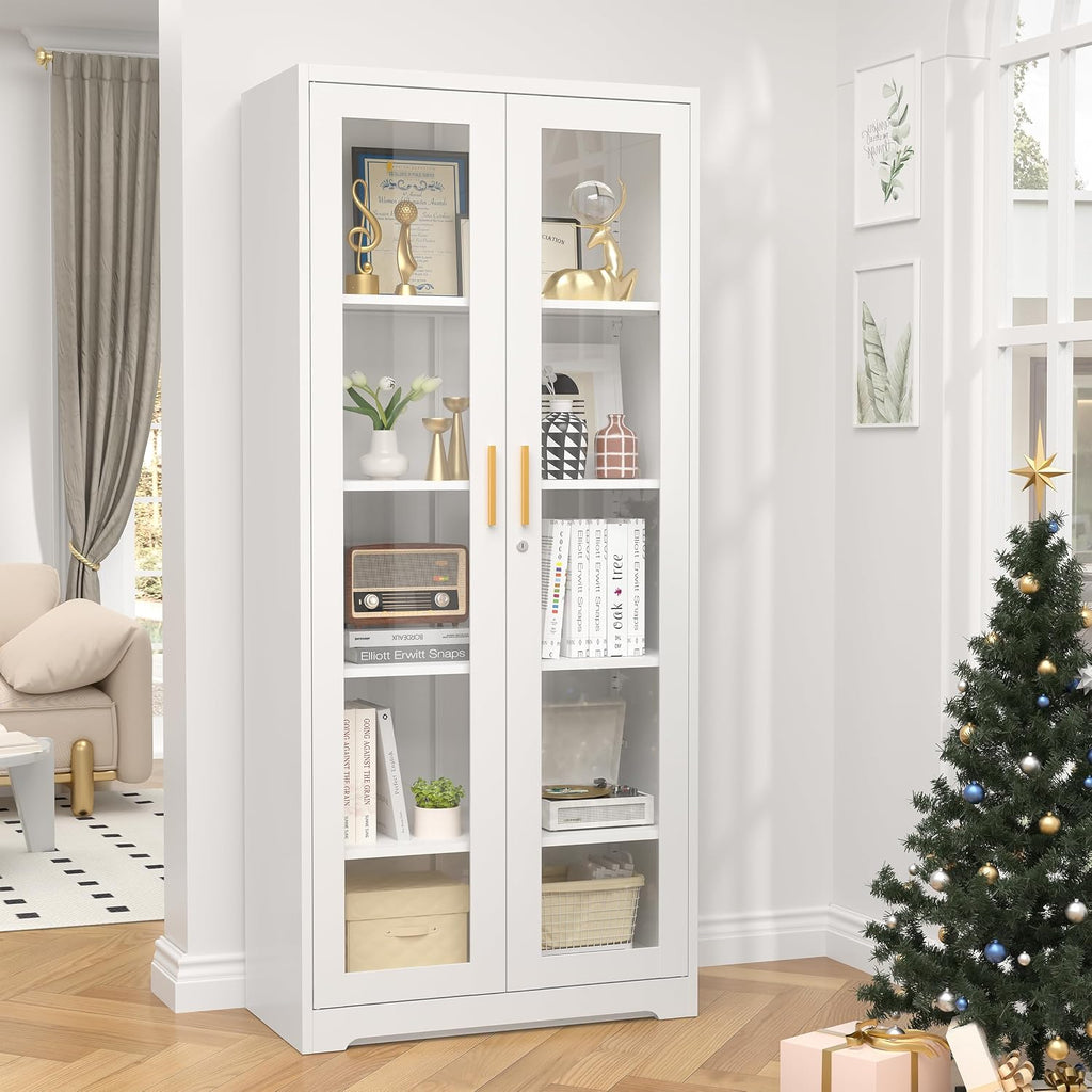 71' Glass Display Cabinet, Metal Storage Cabinet with Glass Doors, Curio Display Case with 4 Adjustable Shelves, White Locking Cabinets for Living Room, Kitchen, Hallway - Assembly Required