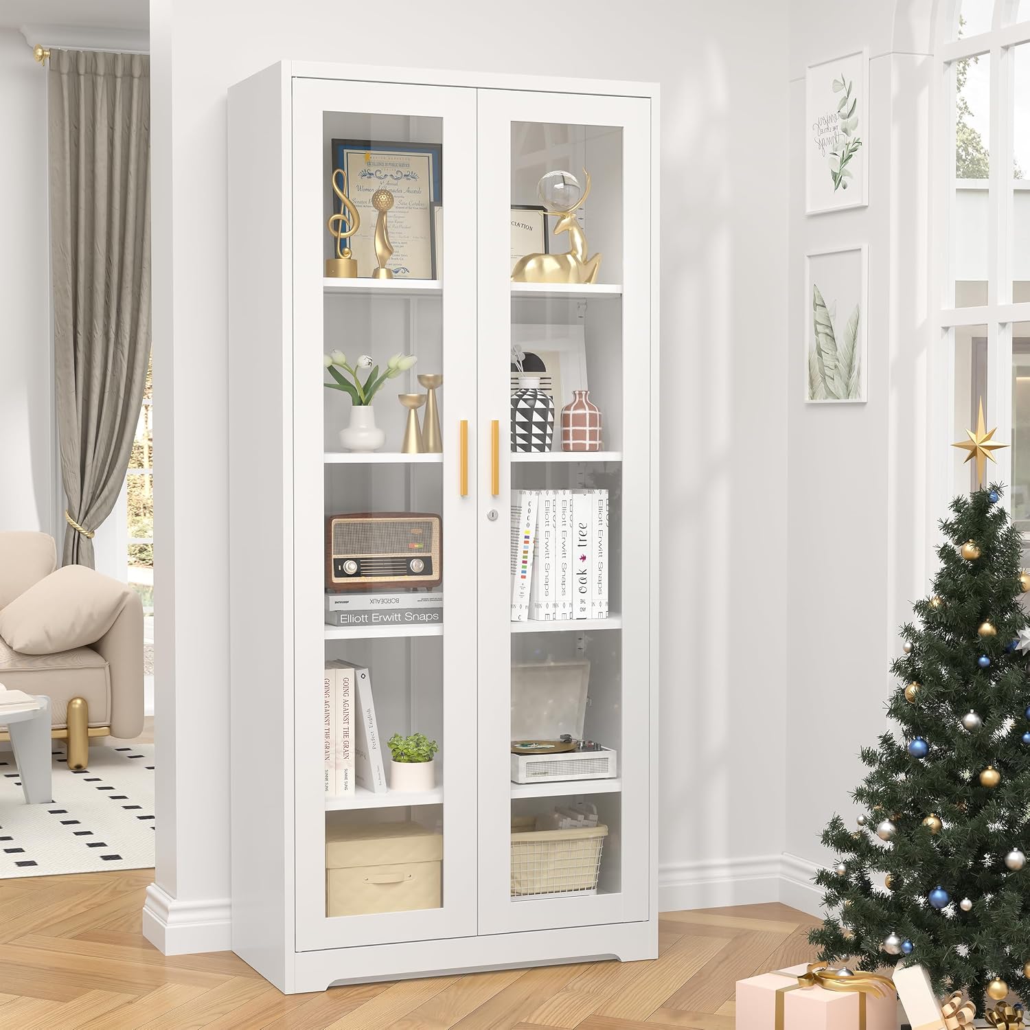 71' Glass Display Cabinet, Metal Storage Cabinet with Glass Doors, Curio Display Case with 4 Adjustable Shelves, White Locking Cabinets for Living Room, Kitchen, Hallway - Assembly Required