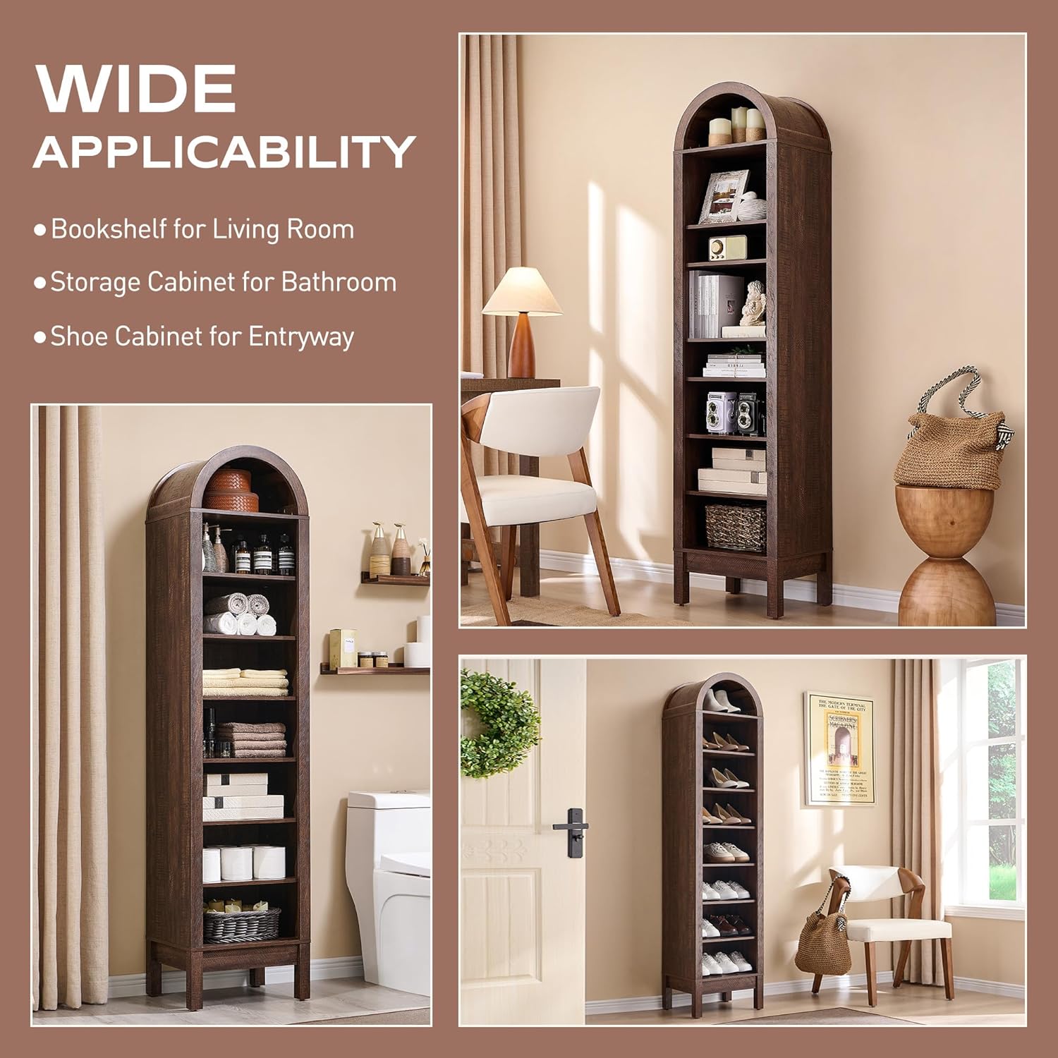 IFGET 71' Tall Arched Bookshelf, 8 Tiers Arch Bookcase with Storage, Modern Farmhouse Book Shelf with Adjustable Shelves, Wood Bookshelf w/Open Display Shelves for Living Room, Office (Brown)