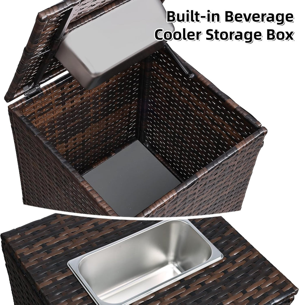FHFO 4 Piece Outdoor Patio Furniture Set with Built-in Beverage Cooler Storage Box, Wicker Conversation Sets Patio Outdoor Loveseats & Coffee Table for Outside, Garden, Balcony, Porch, Brown/Blue