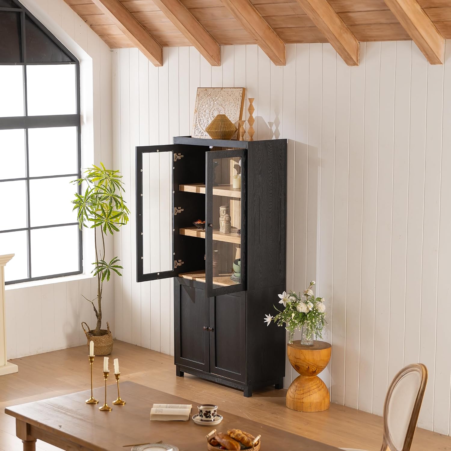 Merax 74.5''H Ash Wood Grain Display Cabinet Bookcase with Storage,Pantry with Glass Doors & Adjustable Shelves,Bookshelf Curio Cabinet for Hallways,Livingroom Kitchen & Office,Black