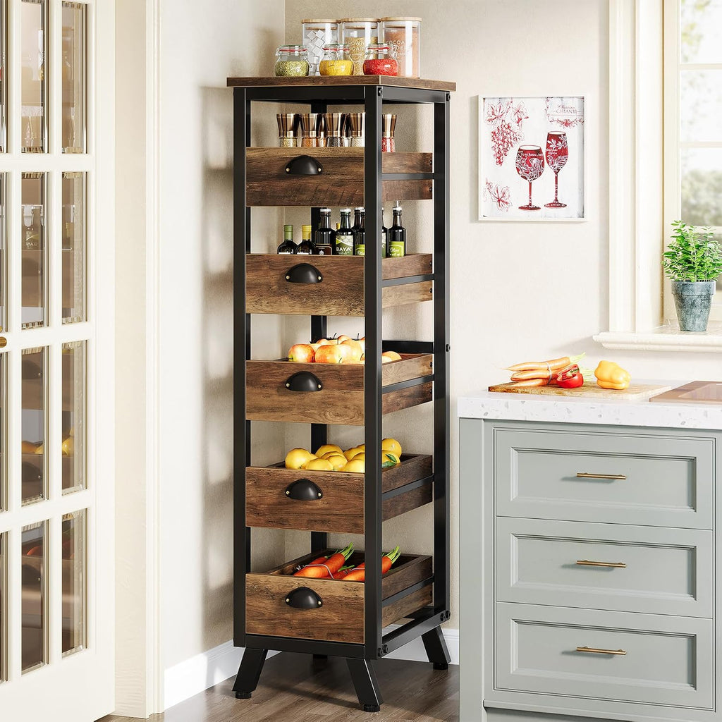 Tribesigns Wood Fruit and Vegetable Storage Rack, 5-Tier Narrow Snack Stand Kitchen Stand Fruit Basket, Pull-Out Utility Organizer for Kitchen, Living Room, Rustic Brown