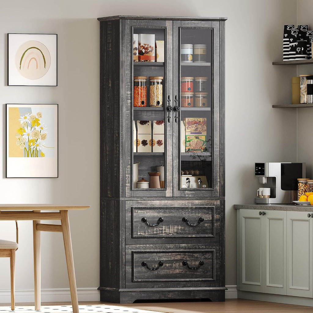 DWVO 76' Storage Cabinets, Freestanding Kitchen Pantry with Adjustable Shelves & Drawers, Farmhouse Glass Display Cabinets Tall Cupboard for Dining Room, Living Room, Dark Rustic