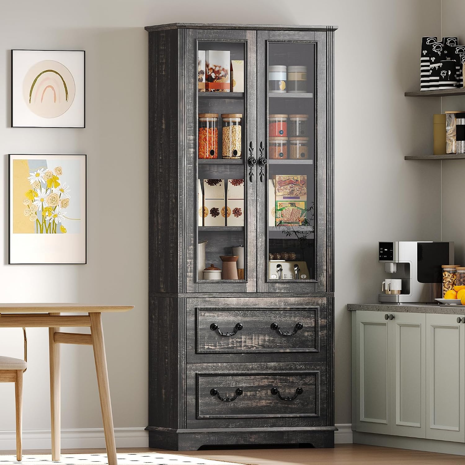 DWVO 76' Storage Cabinets, Freestanding Kitchen Pantry with Adjustable Shelves & Drawers, Farmhouse Glass Display Cabinets Tall Cupboard for Dining Room, Living Room, Dark Rustic