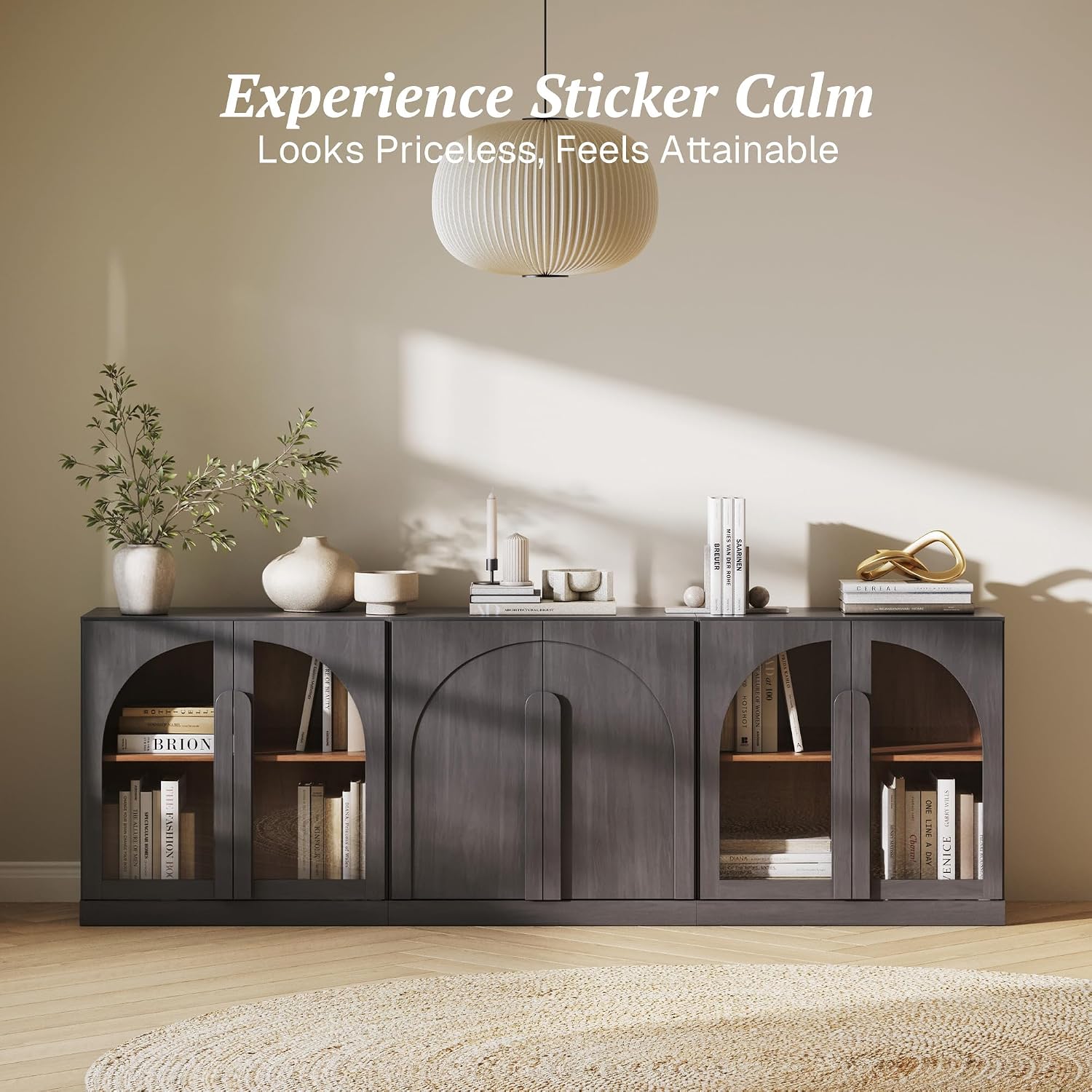 BELLEZE Modular Cabinet 3-Piece Set Sideboard, Modern Wood Buffet Arched Cabinet and 2 Display Glass Door Storage, Freely Configurable Credenza Console for Living Room Kitchen, Ebony