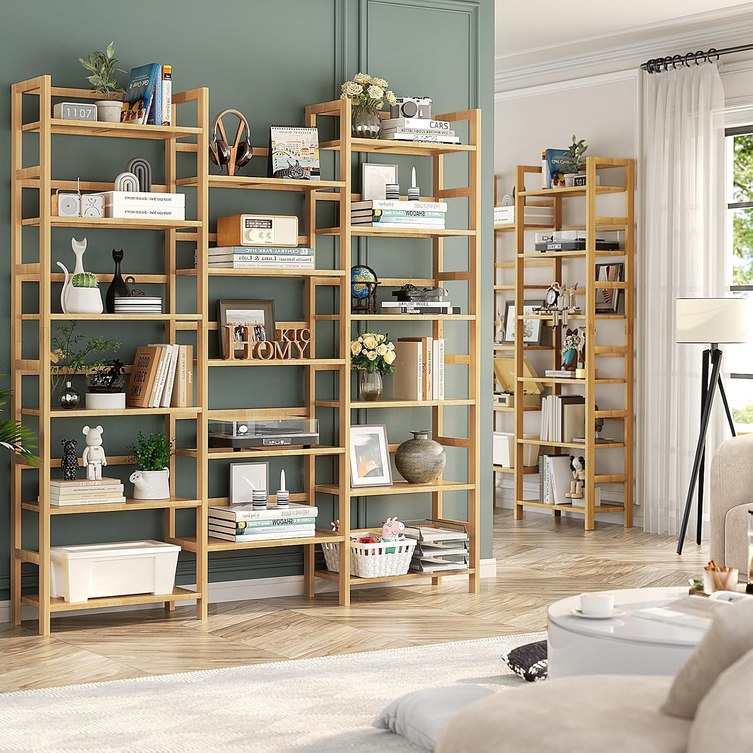 Homykic Bamboo Bookshelf, 71' Tall Triple Wide Bookcase with 17 Open Storage Shelves, 6-Tier Etagere with Back Rails, Large Display Shelf for Books, Plants, Home Office, Living Room, Max Load 748LBS