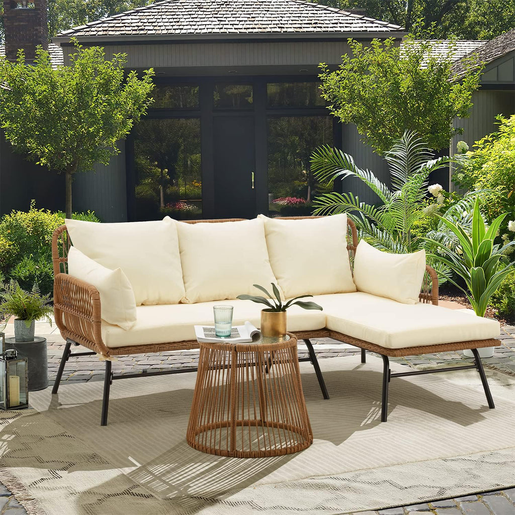 EROMMY 3 Piece Patio Furniture Set, L-Shaped Sectional Conversation Sofa Set with Thick Cushions and Toughened Glass Coffee Table for Backyard Balcony Garden Porch, White