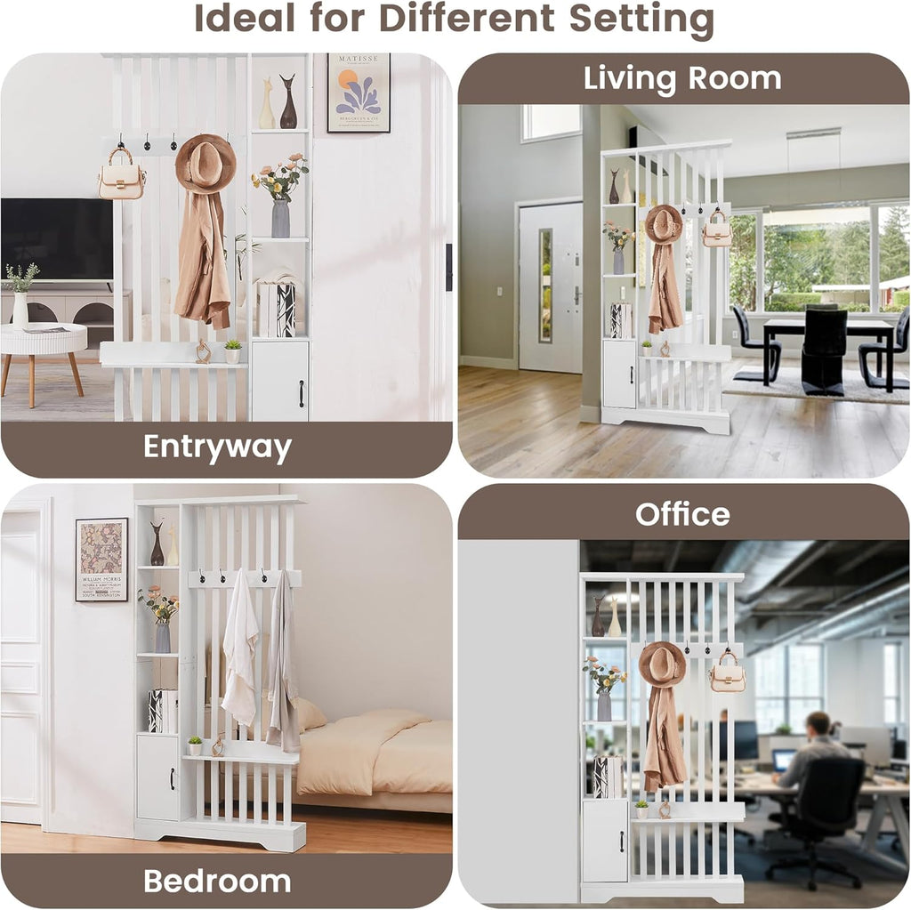 Room Divider with Shelves, Wall Room Divider Bookshelf, Freestanding Wood Privacy Screen with Storage Cabinet, Coat Rack, Display Shelf for Living Room Separation, Home Office Decorative (White)