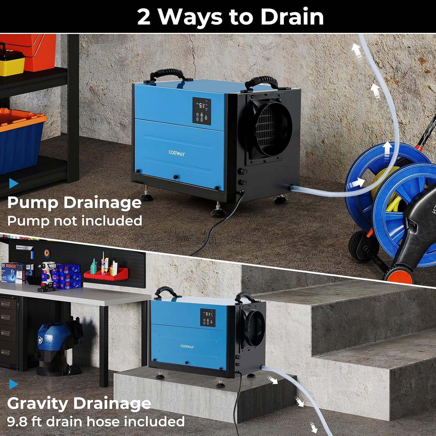 COSTWAY 124 PPD Commercial Dehumidifier, 1300 Sq.Ft Crawl Space Dehumidifier with 9.8 FT Drain Hose & Wired Remote Control Panel, Ideal for Basement, Warehouse, Job Site (Blue)