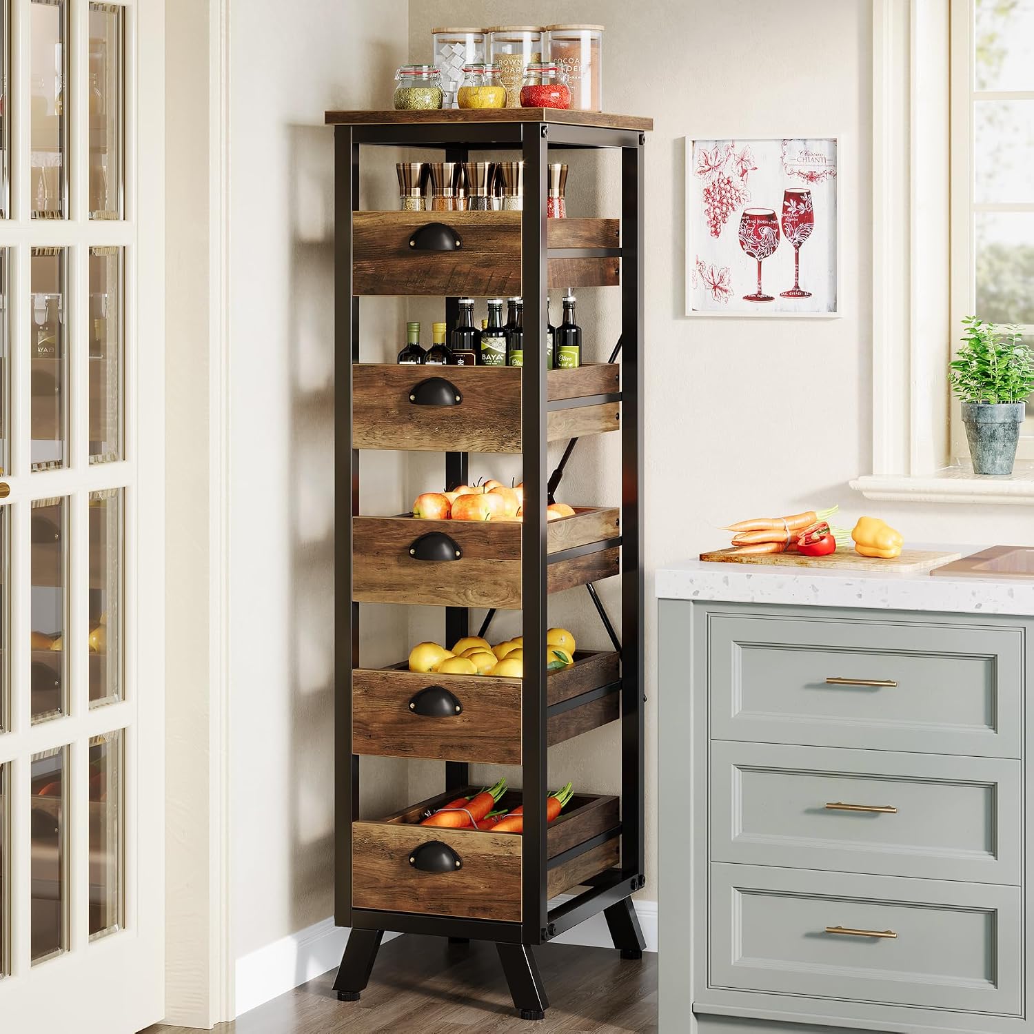 Tribesigns Wood Fruit and Vegetable Storage Rack Set of 2, 5-Tier Narrow Snack Stand Kitchen Stand Fruit Basket, Pull-Out Utility Organizer for Kitchen, Living Room, Rustic Brown