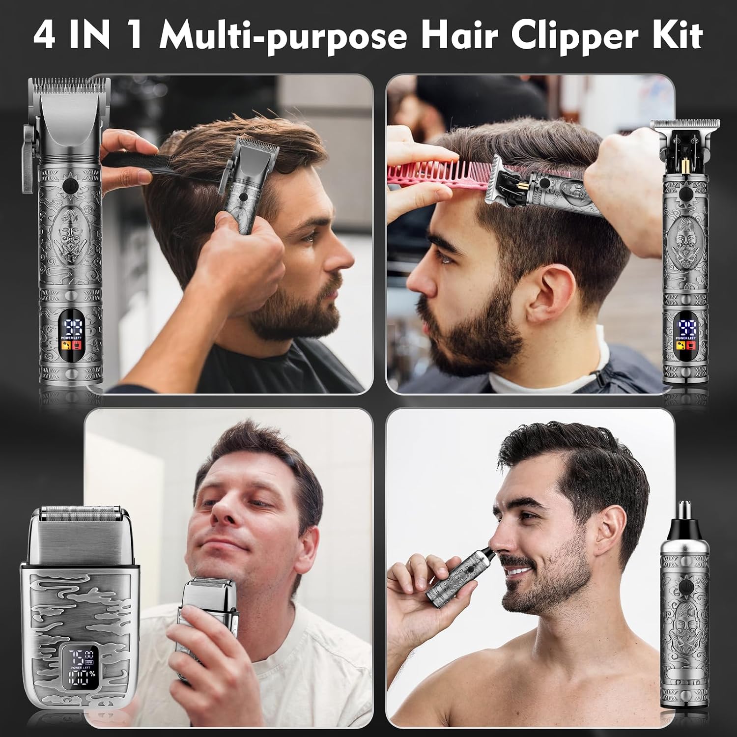 Dumite Professional Hair Clippers for Men,Hair Clippers+T-Blade Trimmer+Electric Shaver+Nose Hair Trimmer Set,4 in 1 Cordless Barber Hair Cutting Kit LCD Display Gifts (Gray)