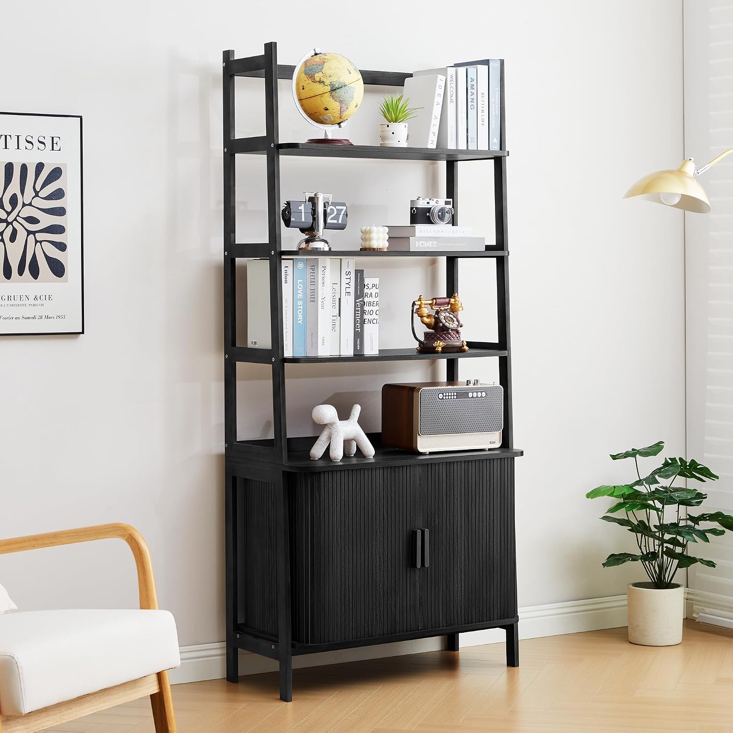 4-Tier Bookshelf, Tall Bookcase with Open Shelf and Sliding Door, 67' Freestanding Storage Organizer Display Cabinet for Living Room, Home Office (Black)