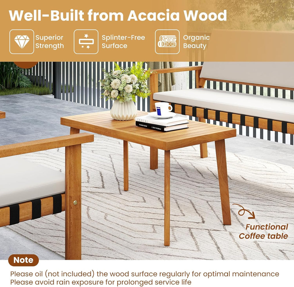 Tangkula 4 Pieces Wood Patio Furniture Set, Outdoor Acacia Wood Cuhioned Conversation Set with Coffee Table, for Backyard,Porch,Garden,Lawn