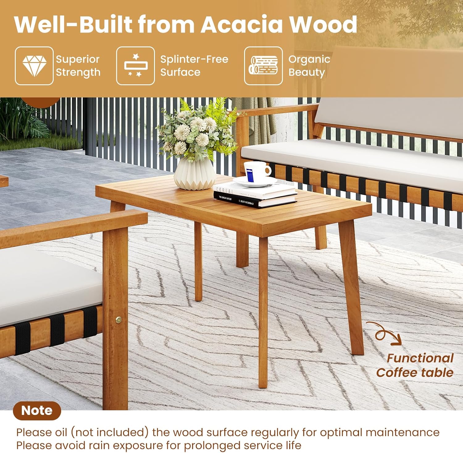 Tangkula 4 Pieces Wood Patio Furniture Set, Outdoor Acacia Wood Cuhioned Conversation Set with Coffee Table, for Backyard,Porch,Garden,Lawn