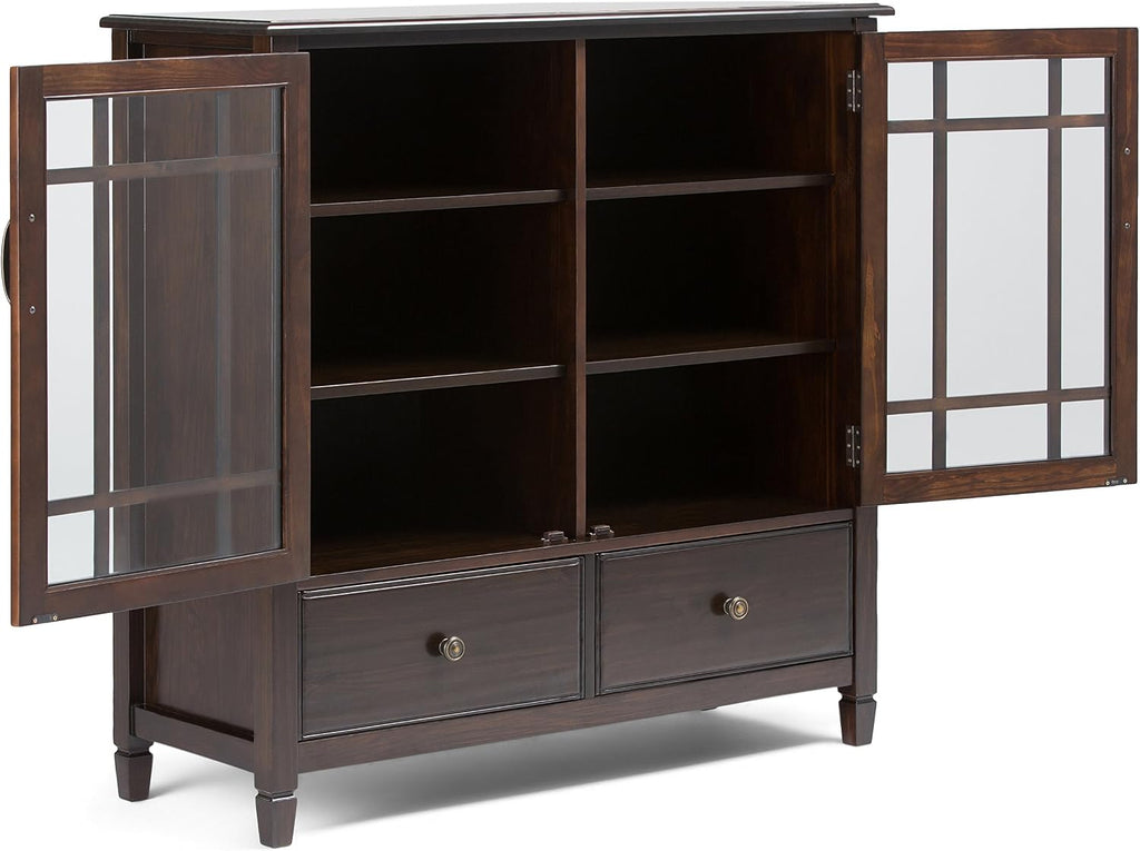 SIMPLIHOME Connaught Storage Cabinet - 46 inch Wide Solid Wood Tall Cabinet in Dark Chestnut Brown, Traditional Console for Living Room or Dining Room with Glass Doors, Adjustable Shelves, and Drawers