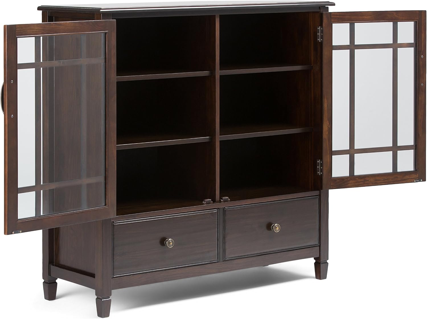 SIMPLIHOME Connaught Storage Cabinet - 46 inch Wide Solid Wood Tall Cabinet in Dark Chestnut Brown, Traditional Console for Living Room or Dining Room with Glass Doors, Adjustable Shelves, and Drawers