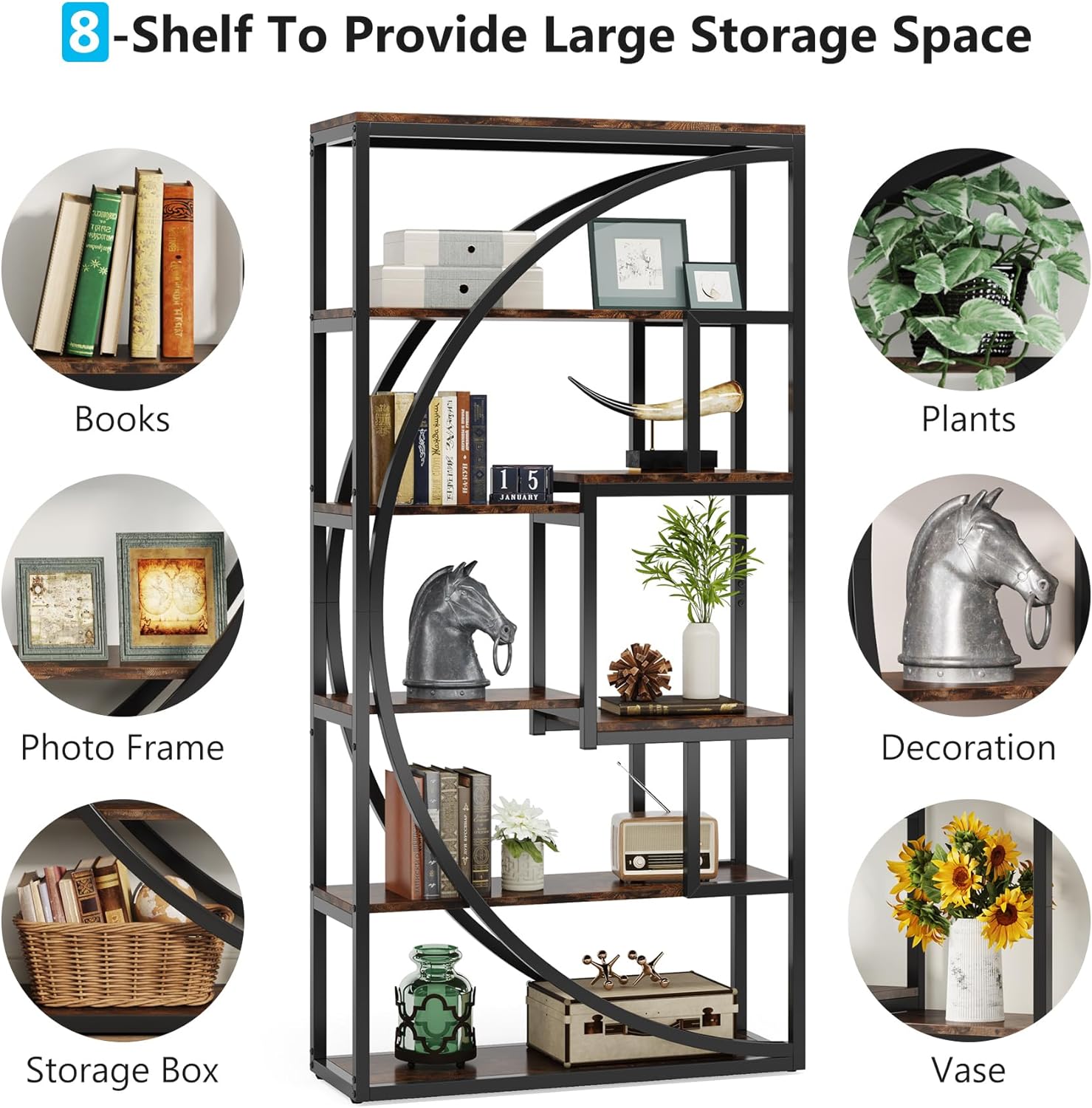 Tribesigns Bookshelf, Industrial 5-Tier Etagere Bookcase, 70.8 inch Tall Bookshelf with 8 Open Storage Shelf, Book Shelf Display Tack Shelving Unit for Home Office Living Room, Rustic Brown