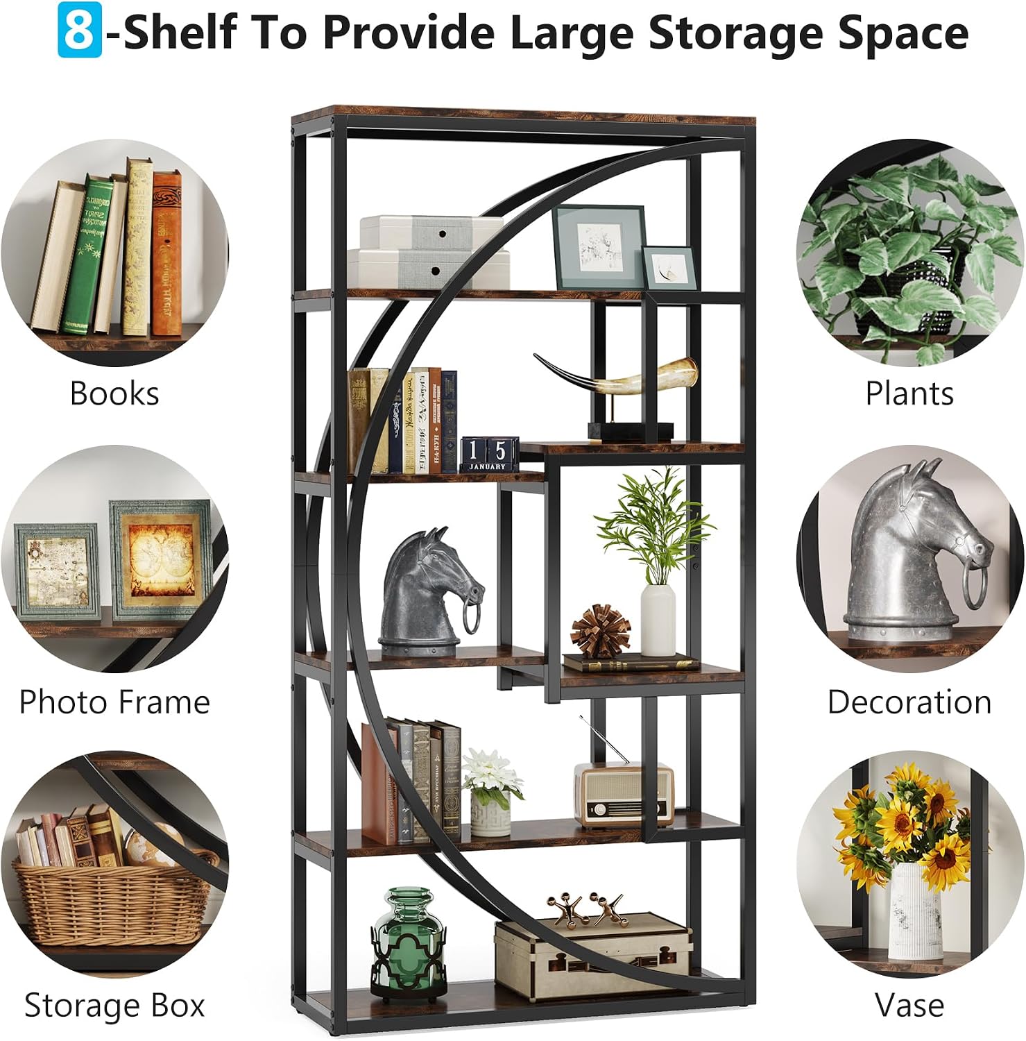 Tribesigns Bookshelf, Industrial 5-Tier Etagere Bookcase, 70.8' Tall Bookshelf with 8 Storage Shelf, Book Shelf Display Tack Shelving Unit for Home Office (Rustic Brown, 2PC)