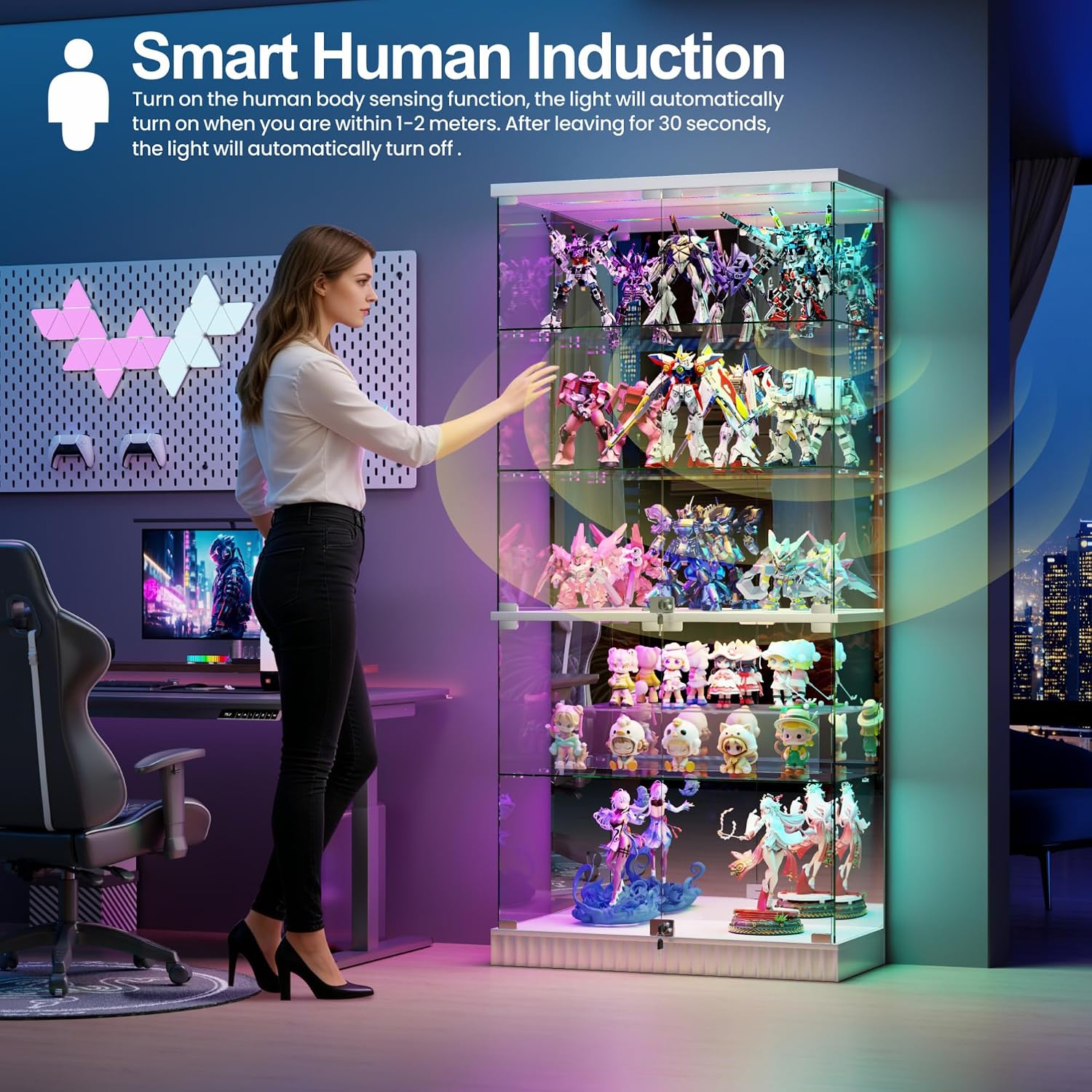 HNEBC 5 Tier Glass Display Cabinet, 66.9' Curio Cabinet with RBG Lights, Display Cases with Lockable and Human Body Sensor, Bookcases for Collectibles, Figurines, Books, Toys, White