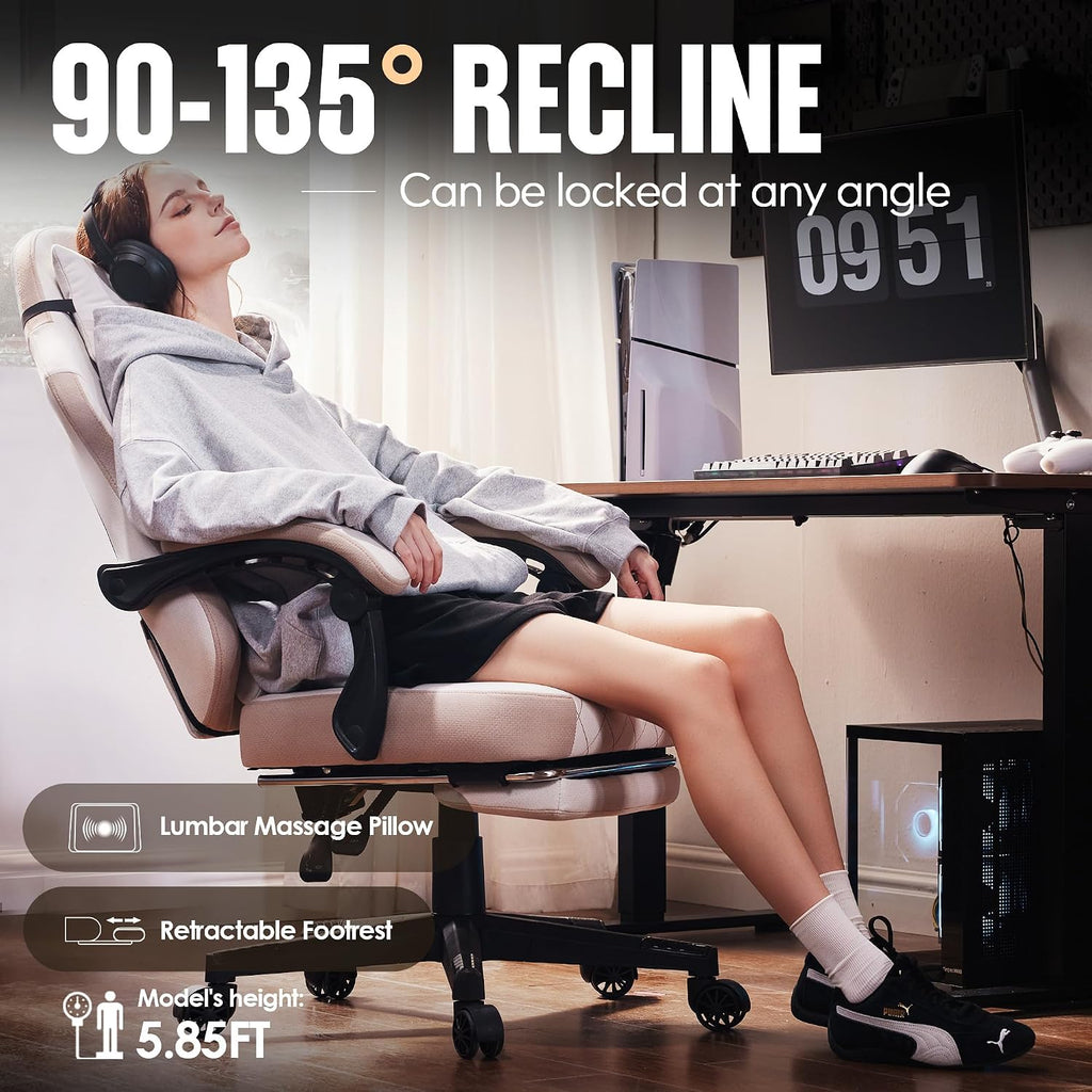 Dowinx Gaming Chair with Pocket Spring Cushion, High Back Ergonomic 360° Swivel Chair for Office Gaming, Massage Lumbar Support with Footrest for Adults, 300LBS Capacity, Beige for Office Gaming