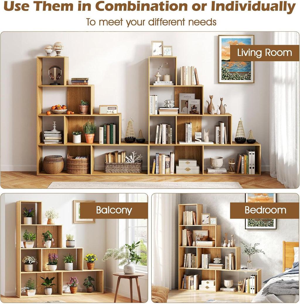 Tangkula 4-Tier Stepped Bookshelf, Freestanding 6 Cubes Ladder Bookcase with Anti-Tipping Kits, 64' Tall Modern Wooden Storage Display Rack for Home Office Living Room Study (1, Natural)