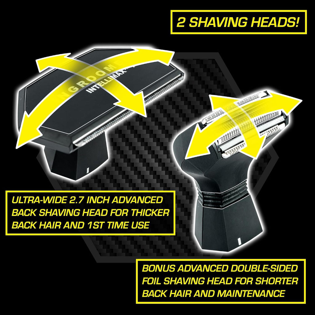 MANGROOMER - INTELLIMAX PRO - New Back Shaver with 2 Shock Absorber Flex Heads, Power Hinge, Extreme Reach Handle and Advanced 2.7' Extra-Wide Blade Design (Version 3.0)