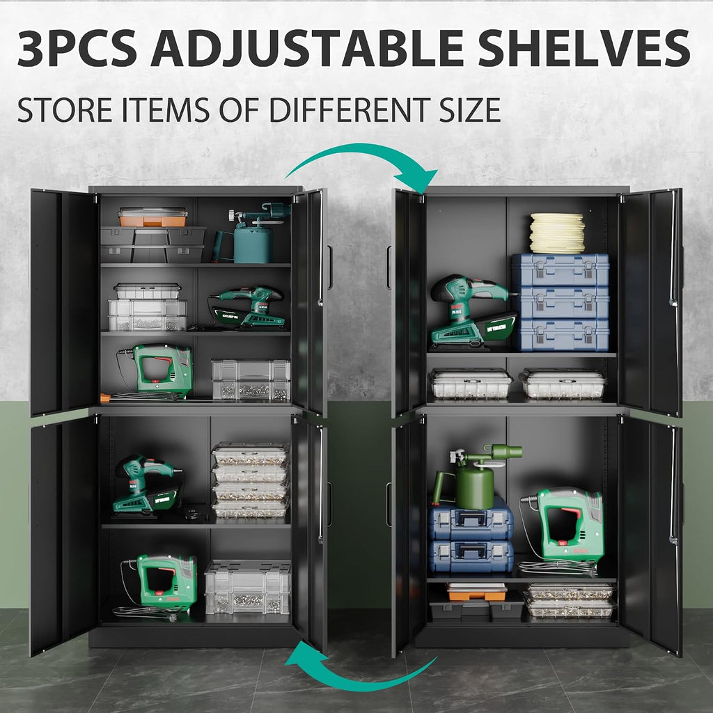 Metal Storage Cabinet with 3 Adjustable Shelves and 4 Doors,71' Garage Storage Cabinet with Lock,Black Metal Cabinets with Locking Doors,Steel Tool Cabinets,Lockable Cupboard for Home,Office,Garage