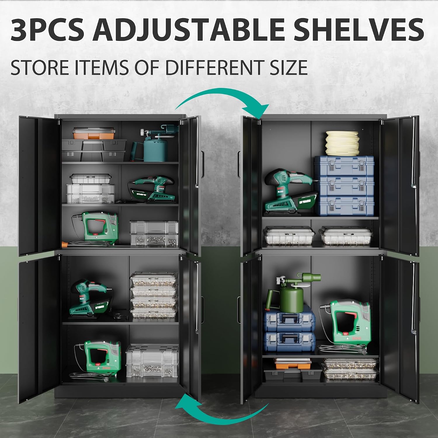 Metal Storage Cabinet with 3 Adjustable Shelves and 4 Doors,71' Garage Storage Cabinet with Lock,Black Metal Cabinets with Locking Doors,Steel Tool Cabinets,Lockable Cupboard for Home,Office,Garage