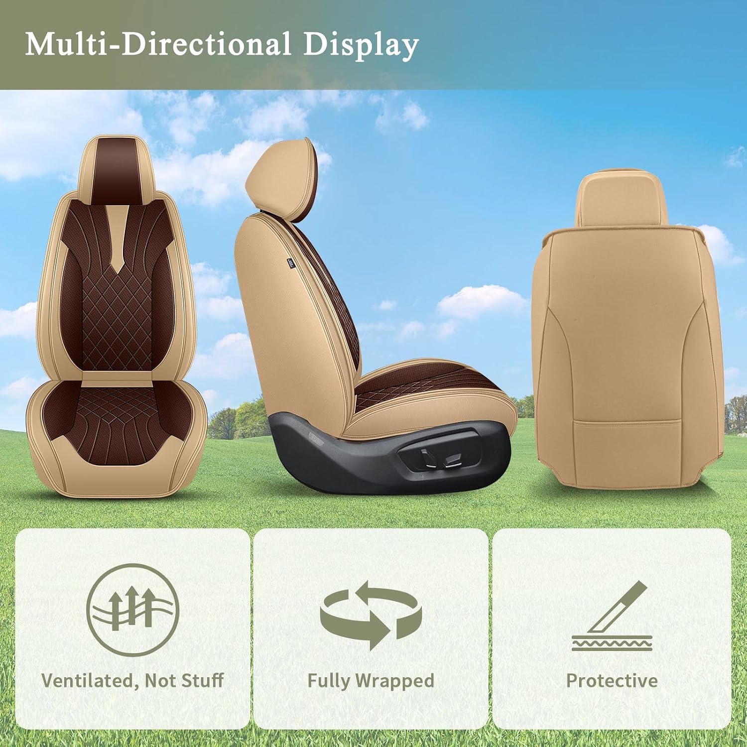 IKABEVEM Breathable Car Seat Covers for Honda Ridgeline 2006-2025 2026, Front Seats, Perforated Leather, Seat Protector, Interior Trim for Honda Ridgeline Accessories (Beige&Brown)