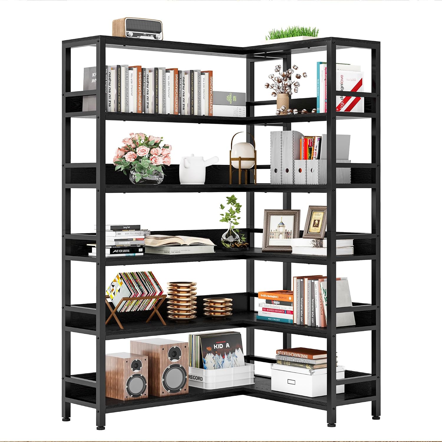 IRONCK Corner Bookshelf 6 Tiers, Industrial Corner Bookcase with Baffles Etagere, L Shaped Bookshelves with Metal Frame, Corner Shelf Storage Rack for Living Room Home Office