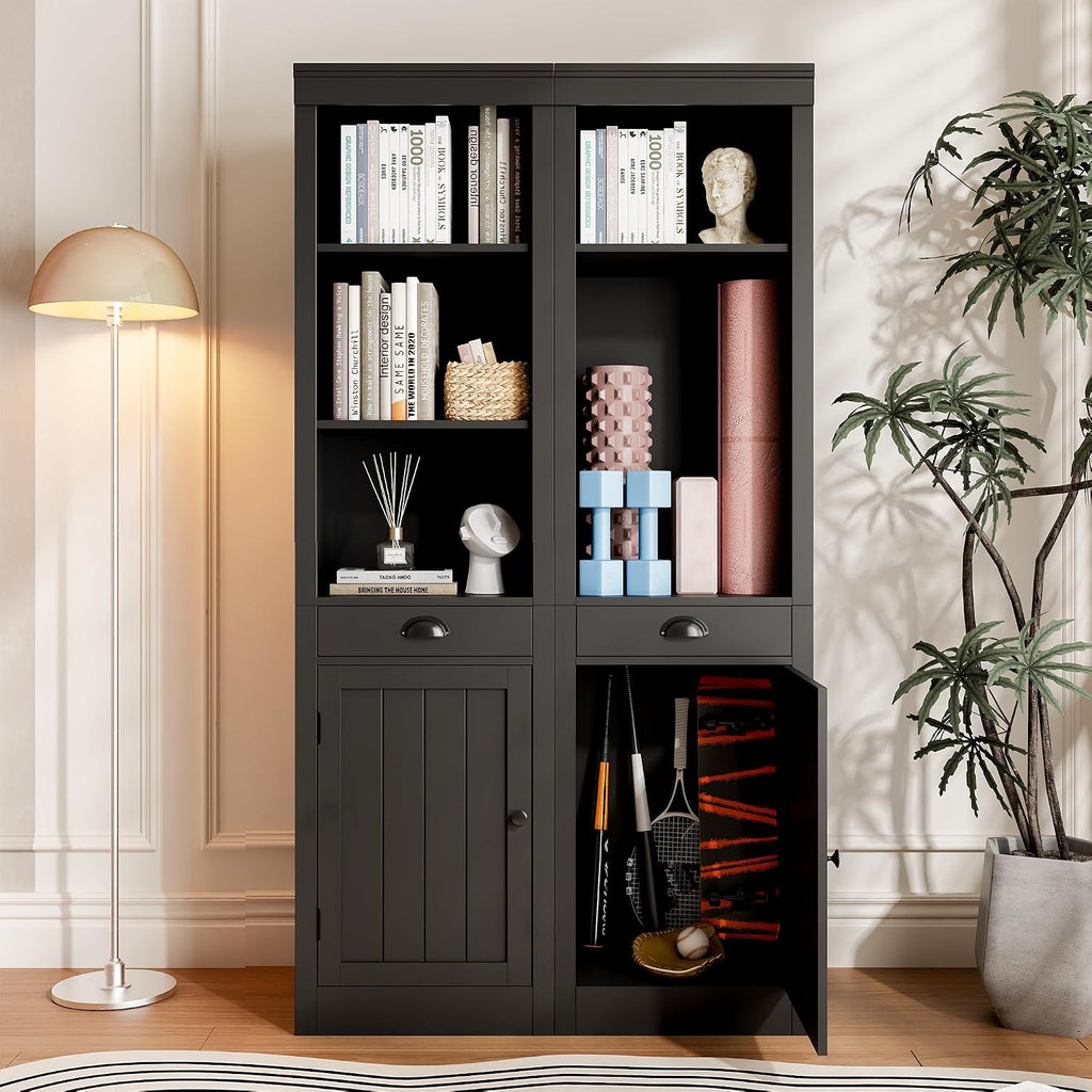 GarveeHome 71 inch Tall Bookcase with Drawers & Doors, 3-Tier Open Bookshelf with Adjustable Shelves, Narrow Storage Cabinet for Living Room, Office, Bedroom, Bathroom，White (Black)