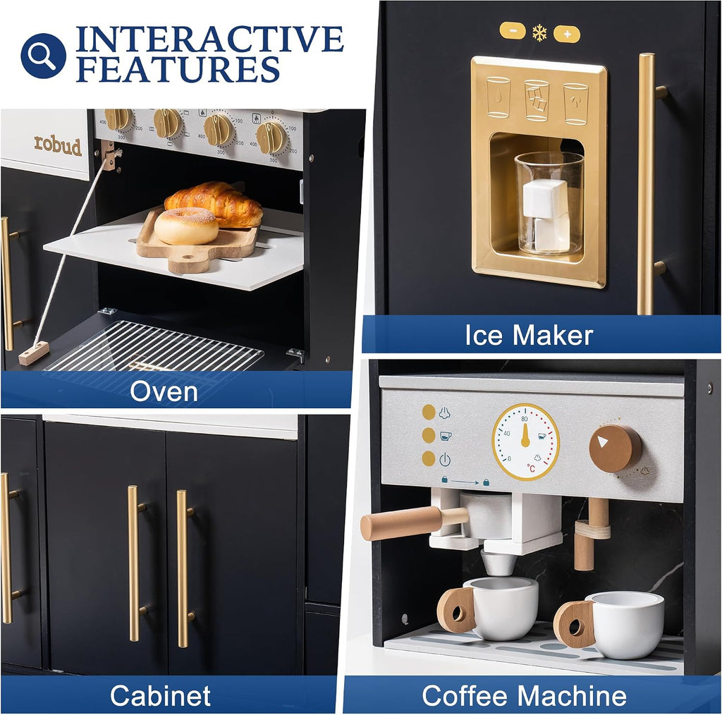 ROBUD Wooden Play Kitchen Set for Kids and Toddlers with Coffee Machine, Ice Maker, Microwave, Oven, Large Cabinet, 12 Accessories, Gift for 3+, Black